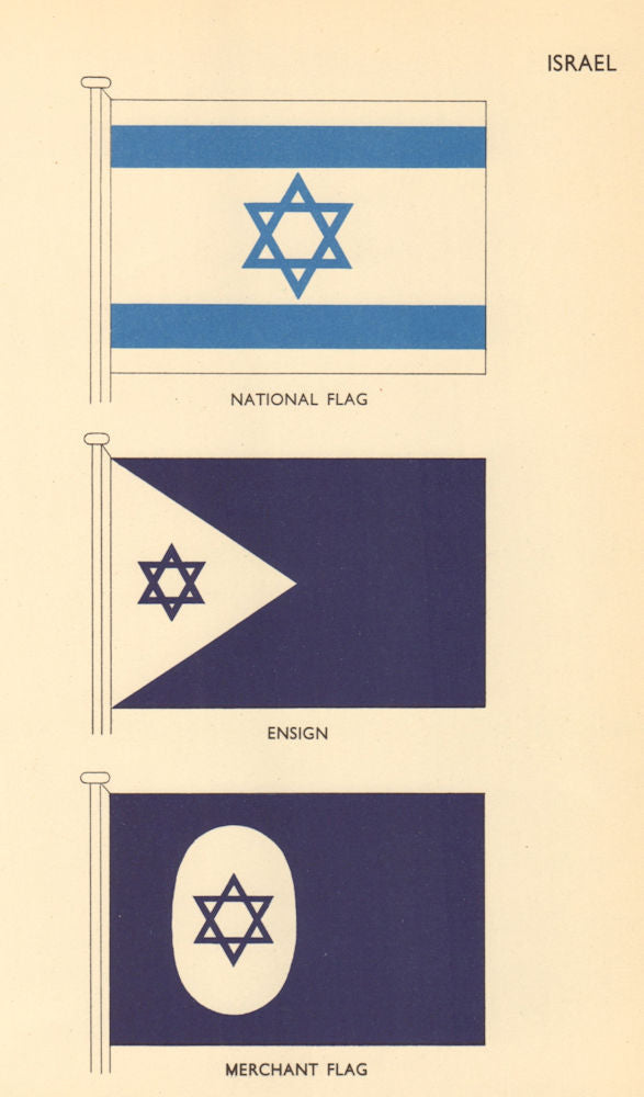 ISRAEL FLAGS. National Flag, Ensign, Merchant Flag 1955 old vintage print